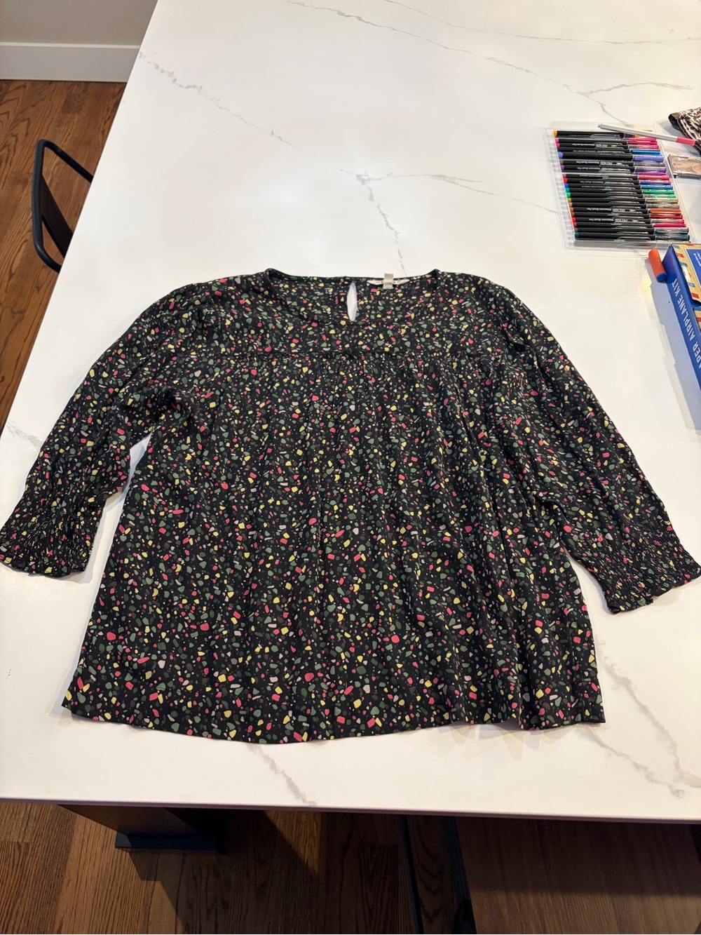 Fat Face Black Floral Print Peasant Blouse - Size 10